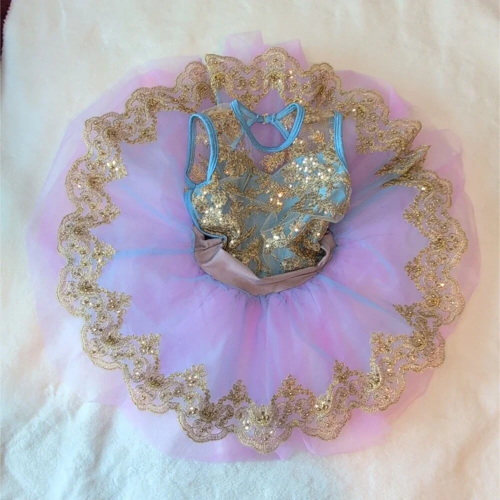 Blue Purple Ombre Tutu Dance Dress - Gold Sequin Lace Royalcore Fairy Costume SC